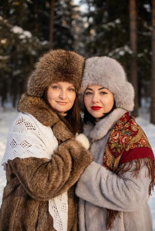 Создай кадр, который представляет собой теплый, уютный, слегка ностальгический зимний портрет в фэшн/фолк-стиле. Атмосфера спокойная, элегантная, дружеская близость двух моделей; сочетание высокой моды (мех, профессиональная ретушь) и фольклорной эстетики (вышитый шарф). Композиция и позирование: Форма кадра: портретный, вертикальный (соотношение примерно 3:4). Расположение: две женщины в центре кадра, тела и головы видны на груди; правая модель немного ближе к камере. Позы: девушки стоят близко друг к другу, левая модель слегка опирается на правую; плечи слегка повернуты к камере. Взаимодействие: мягкая улыбка, закрытое выражение лица, взгляд в камеру; дружелюбный, уверенный тон. Лица и макияж: Кожа: гладкая, естественная текстура, легкий эффект сияния. Глаза: аккуратные блики – оживляют взгляд; нейтральный/теплый макияж теней. Брови: естественная форма, слегка очерчены. Губы: у правой модели насыщенный матовый красный (центральный акцент), у левой – нежно-розовый нюдовый. Волосы: свободные пряди вокруг лица, несколько прядей с легкой волной для естественности. Шапки: большие пушистые меховые шапки с очень четко выраженной текстурой меха; справа – светло-серый мех, слева – коричневый мех. Форма: высокие, округлые, плотно сидят на голове, частично закрывают лоб – создают силуэт и рамку для лица. Верхняя одежда и текстуры: меховые пальто: густой натуральный мех у левой модели коричневый, у правой модели – светло-серый тон с видимым направлением волосков; богатая текстура и объем. У девушки справа на правом плече маленький платок с традиционным русским орнаментом – яркие цветы и листья, на фоне глубокого красного цвета с золотисто-терракотовыми, зелеными деталями; Тонкая бахрома ниспадает на ее плечо. У девушки слева на левом плече небольшой вязаный белый шарф с крупным ажурным узором, что добавляет контраста в текстуре и цвете. Окружение и фон: Лес: темные хвойные деревья, вертикальные силуэты стволов; снег на земле/вдали — размытый фон (боке).