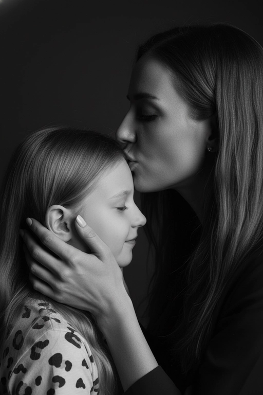 Профессиональное студийное фото, чёрно-белый крупный портрет взрослой женщины и второго человека (это ее сын или дочь). Камера очень близко, объектив 85mm, f/2.0, малая глубина резкости, фокус на ресницах младшего. Боковой ракурс 3/4 слева: старшая выше, в профиль, целует младшего в центр лба. Её обе руки обрамляют лицо младшего, пальцы по бокам щёк, большие под ушами. Младший тоже в профиль с лёгкой улыбкой и закрытыми глазами. Гладкий тёмный фон, мягкий свет слева под 45°, глубокие тени, высокий контраст, реалистичная текстура кожи, отсутствие шума, качество как у профессионального фотографа. Лица должны быть полностью узнаваемыми, соответствовать исходным референсам без искажений, без изменения пропорций и черт.