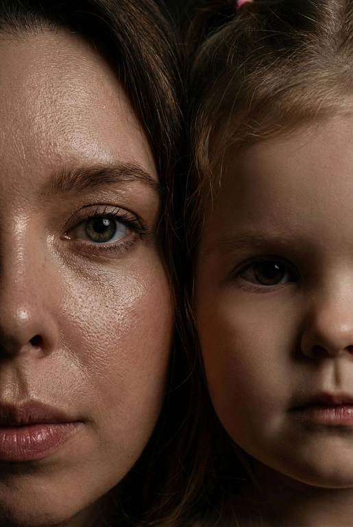   создай портрет, не меняя черты лица. Крупный план (extreme close-up) двух лиц людей, их лица прижатых друг к другу. Видны только половины каждого лица.
Драматичное освещение в стиле чиароскуро, глубокие тени.
Невероятная детализация кожи: видны поры, текстура, естественный блеск у женщины.
Выразительный взгляд прямо в камеру. Высокое разрешение, макросъемка, профессиональное студийное фото, 8K.