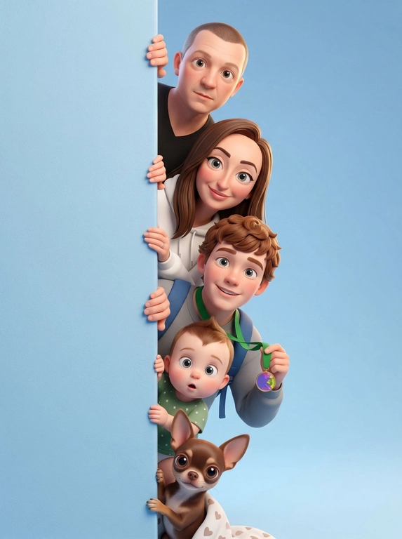 Со всеми персонажами из предоставленных фотографий создайте качественную 3D-стилизованную мультяшную иллюстрацию по загруженным эталонным фото, персонажи подглядывают из-за вертикальной матовой стены слева, видимы только головы, руки и верхние части торса, расположенные вертикально друг под другом в чистой выровненной линии, как будто они прячутся и игриво выглядывают, композиция — мягкая фактурная пастельно-небесно-голубая стена на переднем плане слева и гладкий студийный градиентный фон в небесно-голубом тоне справа, стиль должен быть мягким анимированным премиум-класса Pixar/Disney-style с большими выразительными глазами, гладкой безупречной кожей, тонким румянцем и увеличенными пропорциями головы для очаровательного кинематографического ощущения, при этом сохраняя узнаваемые черты лица, прически и возраст по эталонным фото, персонажи мягко держат стену руками и слегка наклоняются вперед с любопытными игривыми выражениями, освещение — мягкое студийное с теплыми нежными подсветками без резких теней, материалы включают бархатистую матовую текстуру стены, мягкую ткань и гладкую кожу, общее настроение должно ощущаться уютным, изображение должно быть вертикальным портретом с центрированным кадрированием и неглубокой глубиной резкости, окончательный рендер — ультрачистый 4K в стиле Octane/Unreal/Disney CGI.