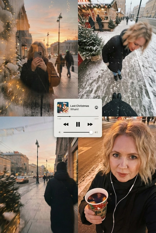   Многопанельный коллаж в стиле зимнего постера, передающий рождественскую атмосферу улицы, снятый как спонтанная фотография на iPhone. Сцена выглядит естественной, уютной и реалистичной: мягкий снегопад, тёплые отражения в окнах и едва заметная аналоговая зернистость создают праздничное, но сдержанное рождественское настроение. Все кадры объединены единым визуальным образом и ощущением зимнего уюта. 
 
В верхнем левом кадре — отражающая витрина магазина на закате. Слабые рождественские огни и матовые края стекла окружают человека, который держит телефон, частично закрывающий лицо. Тёплые блики света, гирлянды, уличные огни и проходящие силуэты создают мягкое размытие и многослойные отражения в стекле с естественным искажением кривизны. 
 
В верхнем правом кадре — крупный план, снятый сверху вниз, на заснеженном тротуаре или возле рождественского рынка. Человек небрежно наклоняется вперёд, создавая ощущение движения и спонтанности. Падающий снег формирует лёгкое размытие, а поверхность земли слегка искажается в зависимости от ракурса объектива, усиливая эффект съёмки с рук, без постановки. 
 
Нижний правый кадр — интимное селфи, сделанное сверху при тёплом уличном или кафешном освещении. В руках — праздничный напиток на вынос (кофе или глинтвейн), заметны проводные наушники. Детали хорошо проработаны, а мягкая зернистость усиливает ностальгическое рождественское настроение. 
 
В центре коллажа расположен минималистичный мини-плеер в стиле Apple Music, отображающий популярную рождественскую песню (например, «Last Christmas» или «All I Want for Christmas Is You»), выполненный в плоском, чистом дизайне без теней. 
 
Цветовая палитра тяготеет к тёплым янтарным, мягким красным, сосново-зелёным и приглушённым зимним серым тонам, создавая атмосферу праздничной близости, визуальной теплотой и эмоциональной узнаваемости — без ощущения постановки или футуризма.
