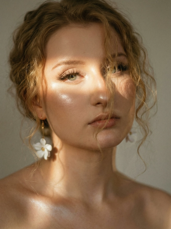 Кинематографический эффект с добавлением зерна. Ультрареалистичный, экстремально крупный портрет части лица девушки: на неё падает солнечный свет полосой, освещая глаза; её голова немного повёрнута в сторону. Тело подсвечено хайлайтером. Макияж лёгкий, с насыщенным хайлайтером; ресницы длинные, пышные. Она смотрит в камеру со спокойным, созерцательным выражением. Освещение мягкое, с лёгким акцентом на её лицо, создаёт нежные тени и подчёркивает черты. В ушах — серьги в виде белых цветов. Фон минималистичный и нейтральный, что усиливает спокойную и элегантную атмосферу. Фото смазанное, как будто сделано в движении, с двойной экспозицией.


Какая будет прическа?: Волосы кудрявые, частично падают на лицо.