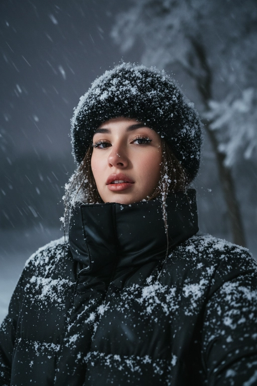 Селфи крупным планом, сделанное ночью на улице во время сильного снегопада. У женщины выразительные волосы и выразительные глаза, на ресницах и волосах которой лежат снежинки. На ней зимняя шапка из искусственного меха, почти полностью покрытая снегом, и пуховая куртка, припорошённая снегом на плечах и воротнике.
Освещение: мягкий холодный ночной свет сверху и немного спереди, создающий лёгкое свечение на щеках и лёгкие блики на куртке.
Поза: она держит камеру чуть ниже уровня глаз, уверенно снимая своё лицо снизу вверх; губы слегка приоткрыты, выражение лица спокойное, но выразительное. Фон: тёмное зимнее ночное небо, едва заметные ветви деревьев, слегка покрытые инеем, минимальная видимость для создания драматического настроения. Атмосфера: холодная, кинематографичная, с чистой зимней энергией; стильный современный снежный портрет с естественной текстурой и деталями. Шапка и куртка черного цвета.