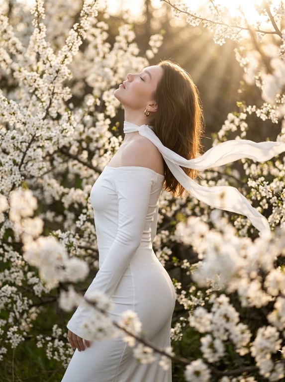 A woman standing among dense white blooming branches.
Side profile, body turned away, head tilted back upward toward the light, eyes closed.
Framing from mid-thigh to head.
Camera slightly below eye level, 85mm look.
Clothing:
Long white fitted dress with long tight sleeves and off-shoulder design (bare shoulders).
Accessory (CRITICAL):
A thin white ribbon scarf around her neck, very light fabric.
The ribbon flows in the wind and extends across the frame.
Flowers (CRITICAL):
Dense white blossoms surrounding the subject exactly like the reference.
Foreground flowers heavily blurred, partially covering bottom and right side.
Background filled with soft white blossoms and warm bokeh.
Lighting:
Golden hour sunlight from top right, strong warm backlight, glowing rim light on hair and shoulders, sun visible through branches.
Shallow depth of field, subject sharp, foreground/background soft.
Warm cinematic tones, soft highlights, photorealistic, high detail.