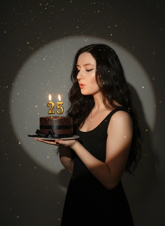 Фотореалистичный портрет женщины с точно таким же лицом, чертами, выражением и цветом волос, как на исходной фотографии - ничего не изменять. Атмосфера - день рождения: мягкий блеск свечи отражается на её лице, в воздухе лёгкие золотистые блёстки, создающие праздничное сияние. Фон темно-серый. Освещение студийное, контрастное, с кругом света на фоне, создающим выразительную тень. Волосы - волнистые, мягко подсвечены. Она немного стоит полубоком. Женщина держит в руках маленький праздничный торт, украшенным чёрными лентами и изящной цифрой из золотых свечей; Она сдувает свечу. Она одета в черное платье без рукавов. Свечки в виде цифр 25.