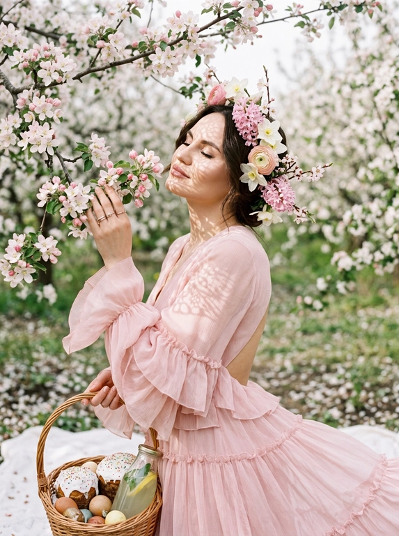Кинематографический близкий портрет с добавлением зерна. На ней лёгкое платье  с открытой спиной и рюшами. На голове роскошный венок, сплетённый из живых весенних цветов. Цветущий фруктовый сад в разгаре весны. Яблони и вишни покрыты бело-розовым облаком цветов. На траве расстелено белое покрывало, на котором стоит плетёная корзина с куличами, яйцами и бутылка домашнего лимонада. Лепестки цветов усеивают землю и покрывало. Женщина стоит под цветущей яблоней, слегка запрокинув голову и закрыв глаза, вдыхая аромат цветов. Одна рука нежно касается ветки дерева, вторая придерживает корзину. Ветер слегка касается платья. Мягкий рассеянный свет в облачный, но яркий день. Цветущие ветки создают причудливую игру кружевных теней на лице и платье женщины. Общее освещение мечтательное, с высокой тональностью. Сохрани внешность модели 1:1.


Какого цвета будет платье?: Платье нежно-розового цвета.