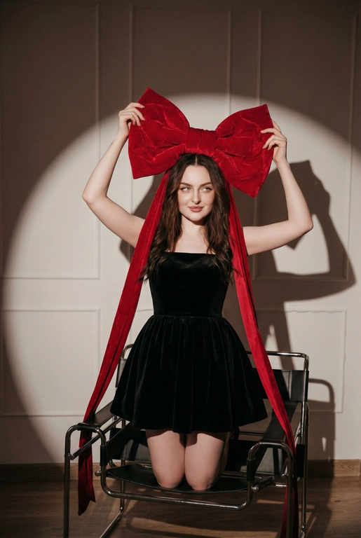 Создай фэшн-фото человека крупным планом до колен, позирующего на стуле под направленным светом прожектора на фоне стены с лепниной, как на референсном изображении. Черты лица, пол, комплекция, возраст и цвет волос должны быть такими же, как на референсе. Драматичное сценическое освещение с выраженным световым пятном и мягкими тенями. Человек сидит уверенно и расслабленно. Одна нога на сидении,  другая на полу. В руках человек держит очень большой красный бархатный бант над головой — жест выглядит игриво и символично, создавая ощущение, что человек сам является подарком. У банта длинные ленты («ножки»), которые свободно и естественно ниспадают вниз. Взгляд направлен немного в сторону, мягкая улыбка. Общая атмосфера: high-fashion, новогодний гламур, рождественское настроение. Стиль журнальной съёмки, кинематографичный свет, высокая детализация, чистая композиция, профессиональная студийная фотография. На человеке короткое черное бархатное мини-платье с пышной юбкой и прямым лифом.