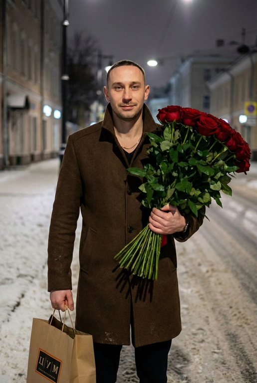 Не меняй черты лица. Мужчина в темно коричневом шерстяном пальто, идет по заснеженной улице ночью, в руке несет огромный букет красных роз с зелёной листвой, в другой руке пакет с надписью «ЦУМ». Взгляд его сосредоточен, выражая уверенность и спокойствие и у него легкая улыбка. Вспышка выделяет его лицо и аксессуары, создавая игру света и тени, подчеркивая контуры лица и верхней одежды. В фоне видно заснеженное городское пространство, приглушённые огни уличных фонарей и пустые улицы, добавляющие ощущение уединения и стиля. Съёмка выполнена на 85mm f/1.4, фокус на лице и аксессуарах.
