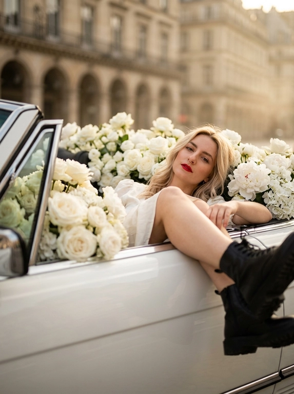 Ultra-realistic cinematic fashion editorial of a woman inside a vintage convertible filled with dense white flowers (roses, peonies, hydrangeas), covering seats and overflowing edges.
Close to medium-full body, legs dominant in foreground. Camera slightly above door level, side angle. Foreground: car door + flowers closer to lens. Background: softly blurred Paris-style architecture. Shallow DOF, creamy bokeh.
Pose: reclined in flowers, legs bent toward camera, one knee higher, body leaning back, head slightly tilted, relaxed confident gaze, arms resting naturally.
Styling: light white/cream soft dress (loose, romantic fabric) + black chunky leather combat boots.
Makeup: red lipstick, thick lashes.
Lighting: golden hour + direct flash (Y2K look), soft highlights, warm cinematic grading, slight haze.
Details: realistic skin texture (visible pores), natural shadows, detailed imperfect petals, fabric folds, soft reflections on car.
Shot on 50mm, f/1.8, ultra-detailed, 8k, photorealistic, no Al artifacts.
Mood: romantic luxury editorial, soft vs rough contrast.

Какого цвета будет машина?: Цвет машины белый.