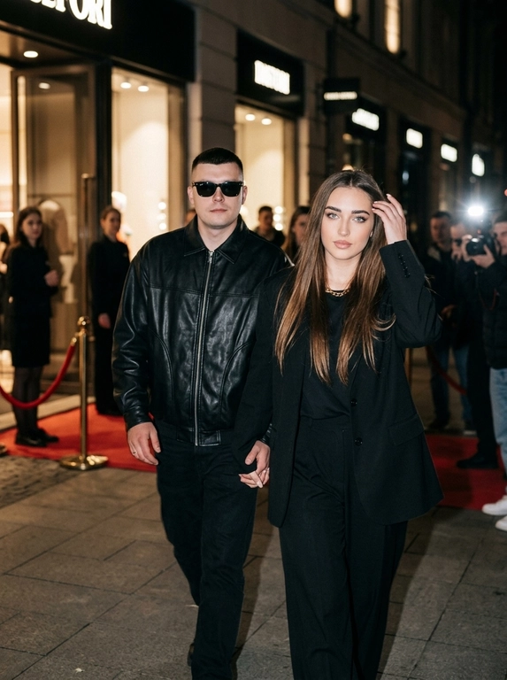 Ultra-realistic nighttime paparazzi-style photograph. A candid shot of a couple walking at night. The woman walks in front, brushing her hair back with one hand, while the man walks slightly behind her at a diagonal angle. They are holding hands. The camera is positioned slightly above eye level with a close zoom.
Preserve the celebrity magazine photography aesthetic exactly.
The faces MUST NOT change. The original facial features, eyes, nose, lips, hairline, and skin texture must remain completely identical. There should be no AI-generated look.

The man is wearing a loose oversized black leather jacket and Ray-Ban sunglasses. Charismatic, wealthy, and stylish look.
The scene is shot at night with a harsh paparazzi flash. In the background, there are blurred city lights and the atmosphere of a luxury venue. The photo should look as if a celebrity couple was secretly photographed by paparazzi, natural yet professionally captured.
Canon EOS R5, 85mm lens, ultra-realistic skin texture, cinematic lighting, natural motion, Vogue and celebrity magazine aesthetic.
IMPORTANT:
* The woman walks in front, the man walks behind.
* The woman appears to be brushing her hair back with one hand.
* The woman and man are holding hands.
* The shot should look as if a paparazzi flash has just fired.
* Do not alter, beautify, or transform the faces into different people.

Выберите одежду для девушки: : The woman is wearing a black old money outfit: relaxed yet extremely elegant, with an oversized black blazer or a loose black top, wide black trousers, and a luxurious minimal appearance. Quiet luxury aesthetic.
