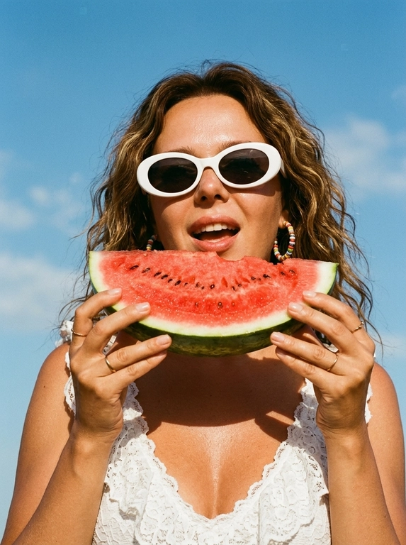 Фотореалистичный летний fashion-портрет, плёночная редакторская эстетика. Крупный план в 3/4, кадр по плечи и верх груди, камера чуть снизу, лицо в верхней части кадра на фоне неба, вертикальная ориентация. Женщина подносит крупный ярко-красный ломоть арбуза, который держит одной рукой у губ; губы слегка приоткрыты, голова чуть приподнята, взгляд в камеру, выражение чувственное, лёгкое летнее настроение. Образ: белый кружевной топ с рюшами на тонких бретелях, золотые серьги с цветными бусинами, тонкие золотые кольца. Кожа загорелая, сияющая, с лёгким влажным блеском на солнце; макияж естественный: ровный светящийся тон, выразительные брови, мягкие тени, глянцевые губы. Фон: ясное ярко-голубое летнее небо с лёгкими белыми облаками. Свет яркий прямой полуденный солнечный, тёплый, создаёт глянцевые блики на коже и сочные тени, ощущение знойного дня. Тёплая плёночная цветокоррекция, слегка винтажная и приглушённая, мелкое плёночное зерно, насыщенные тёплые тона, контраст голубого неба и тёплой кожи, мягкий контраст, глянцевый летний редакторский вайб.

Какая будет прическа?: Волосы уложены в пляжные локоны

Нужны ли на фото очки? : На глазах белые ретро-очки овальной формы
