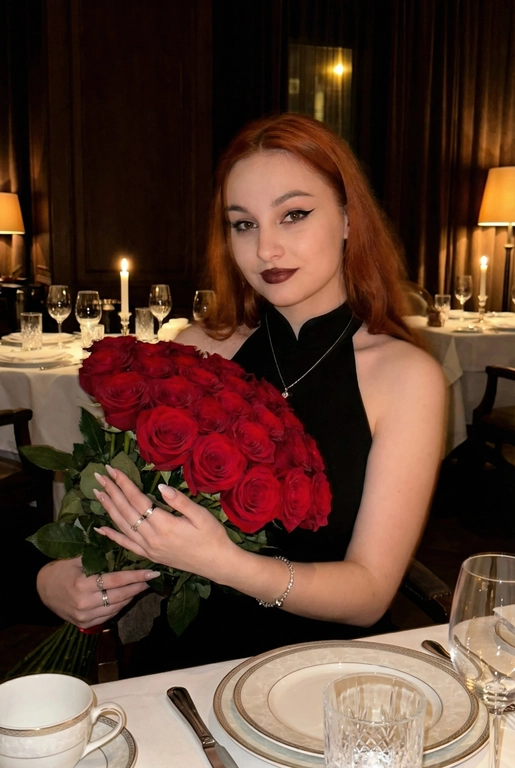 Женщина в дорогом ресторане сидит за сервированным столиком. Не меняй внешность, цвет волос и стрижку. Темное фото, теплые огни. В руках у нее огромный букет из 51 красной розы. Спонтанное фото в движении, немного смазано. Гламурный, но естественный макияж, серебряный браслет на руке, кольца, нежный маникюр. На шее тонкая серебряная цепочка и маленький кулон. Она смотрит в камеру, легкая улыбка.

Она одета в черное платье без рукавов с высоким воротником