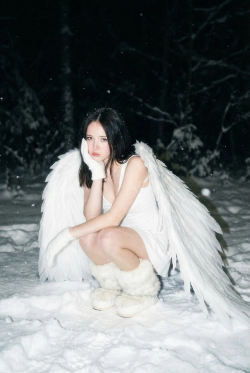  Создай фото человека на основе загруженной фотографии.
Белое платье без рукавов, пушистые белые сапоги, большие белые крылья, опущенные вниз, шире плеч.
Сидит на корточках на снегу, рукой касается щеки. На заднем плане заснеженный лес.
Ночная улица, тёмный размытый фон, вспышка.
Мягкое нечеткое фото: шум, зерно, лёгкое размытие, холодная атмосфера.