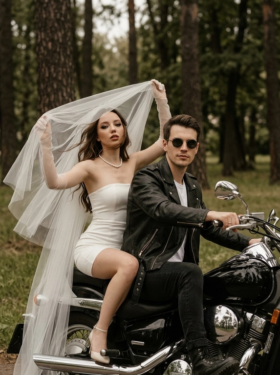 Ультрареалистичное и высококачественное 8К фото. Невеста в коротком обтягивающем белом безбретельном платье и многослойной прозрачной вуали, в жемчужном ожерелье и тонких перчатках, сидящая  на заднем сиденье блестящего чёрного мотоцикла, слегка развернулась и изящно приподнимает фату,чтобы все лицо было видно, рядом мужчина в чёрной байкерской кожаной куртке,белой майке и черных джинсах и массивных ботинках за рулём,на глазах круглые рокерские очки; сцена в парке с высокими деревьями и мягкой травой, вид на открытом воздухе, лёгкая ветерок развевает вуаль и волосы, крупный план-кадр среднего роста с композицией по правилу третей (невеста в левой трети, водитель в правой), слегка низкий ракурс, динамичная поза и ощущение движения; естественный рассеянный свет пасмурного дня, мягкие тени, тёплая приглушённая винтажная цветокоррекция, плёночная зернистость и матовый контраст для кинематографичной, романтично-бунтарской атмосферы; стиль — редакционная свадебная съёмка с модной эстетикой, внимание к текстурам (тюль, жемчуг, хром мотоцикла, кожа); параметры камеры: 35–50mm объектив, f/2.0–2.8 для неглубокой ГРИП, ISO ~400, выдержка 1/200–1/250, мягкий контраст, лёгкая десатурация зелёных тонов и акцент на кремово-тёплых и кожаных оттенках. Девушка чувственный Смоки айс, на губах эффект зацелованных губ,коричнево-красная помада,лёгкий контуринг. Волосы распущенные. Черты лица и цвет волос не должны быть изменены