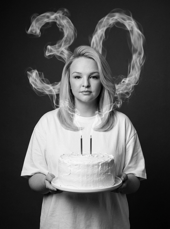 Create a highly photorealistic birthday studio portrait. Use ONLY the uploaded photo as the identity reference and generate the entire scene from scratch.

IDENTITY LOCK: preserve the uploaded person’s exact identity, facial structure, proportions, eyes, eyebrows, nose, lips, jawline, skin tone, skin texture, natural asymmetry, hair color and natural appearance. Preserve the person’s gender exactly as shown. Do not feminize, masculinize, beautify, age, de-age or alter their identity.

POLISHED APPEARANCE: the person must look exceptionally well-groomed, clean, polished and professionally styled, while remaining recognizable as themselves. Hair must look freshly washed, healthy, neat and professionally styled. Preserve the original hair color, length and texture from the uploaded photo, but create a tasteful, natural hairstyle suitable for a professional editorial birthday portrait. For women, create a polished feminine blowout or elegant natural styling when compatible with the original hair. For men, create neat, professionally groomed hair while preserving the original hairstyle. Skin should look clean and healthy with subtle natural grooming, never heavy makeup or artificial retouching.

COMPOSITION LOCK — identical for male or female:
The person stands centered, facing directly toward the camera, framed from approximately the waist up. They wear an oversized plain white T-shirt. Both hands hold a large round white frosted birthday cake on a simple white plate at lower center frame. The cake is directly in front of the torso, never positioned to the side. Two thin dark candles stand vertically on the cake.

Behind the person is a smooth dark charcoal-gray studio background. Realistic white candle smoke rises upward and forms the exact number. The number appears ONLY ONCE, large and clearly readable behind the upper body/head area, naturally connected to the candle smoke. It must look like real physical smoke, not typography.

The person looks directly into the camera with a calm, confident, natural expression and closed mouth.

Black-and-white luxury editorial photography, soft cinematic studio lighting, subtle shadows, realistic contrast and fine film grain. Ultra-photorealistic skin, hair, fabric, cake, hands and physically accurate smoke.

No plastic skin, messy or unstyled hair, greasy hair, excessive makeup, beauty filter, excessive retouching, CGI look, HDR, artificial sharpness, extra people, text, logos or watermark

Цифры из дыма: 30