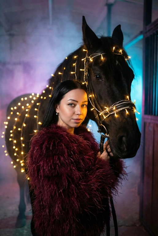 Создай крупный портрет, не меняя черты лица. Фотография в стиле высокой моды. Женщина, одетая шубу из пера страуса. Она стоит рядом с вороной лошадью, которая полностью обвита светящимися теплым светом гирляндами. Гирлянда также идет поверх узды.  Освещение драматичное, кинематографичное, с  неоновым свечением и легкой дымкой на заднем плане в конюшне . Высокая детализация, 8k, профессиональная съемка. Лицо девушки освещено мягким теплым светом. Глубокие тени, туман, мистическая и сюрреалистичная атмосфера. Фото на камеру 35mm, малая глубина резкости. Цвет шубы - бордовый