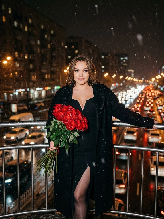 Создай портрет, не меняй черты лица. Кинематографический близкий портрет женщины. Она стоит ночью на мосту на улице, идёт снег с дождём. Женщина одета в чёрное платье с глубоким декольте и открытыми плечами, высокий разрез на ноге, платье до колена, чёрные капроновые колготки и чёрное оверсайз длинное пальто нараспашку. Безупречный макияж, нежная улыбка, взгляд направлен в камеру. Она стоит возле поручня круглого железного моста: одна рука раскинута, в другой она держит букет . Сзади ночной дождливый город с огоньками в окнах домов, внизу под мостом видно множество машин в пробке, много огней от фар. Фото со вспышкой, фото с добавлением зерна.

Какие будет цветы?: В другой руке она держит большой букет длинных красных роз