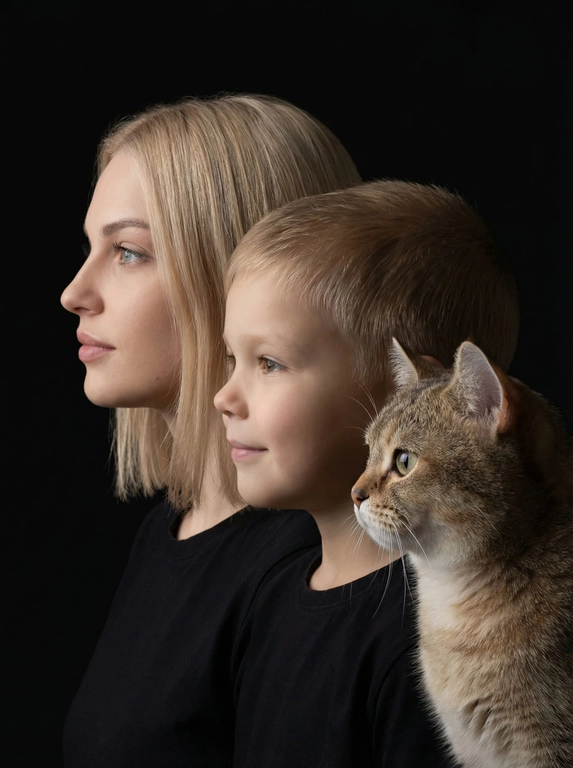 Профессиональный студийный портрет с низким контрастным светом. Головы расположены строго в одну линию. боковой профиль, взгляд влево. У всех видны только головы и немного плечи. Головы занимают весь кадр. Черный фон. Черная одежда у всех. Расположи их по убыванию возраста.