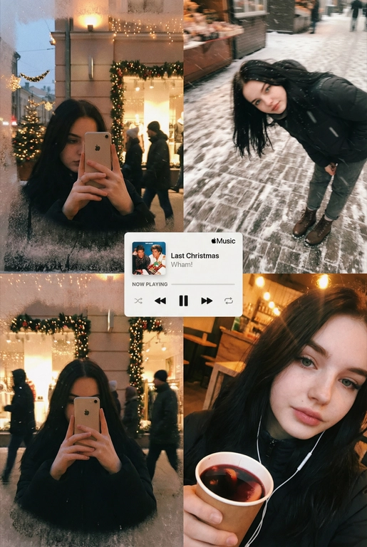   Многопанельный коллаж в стиле зимнего постера, передающий рождественскую атмосферу улицы, снятый как спонтанная фотография на iPhone. Сцена выглядит естественной, уютной и реалистичной: мягкий снегопад, тёплые отражения в окнах и едва заметная аналоговая зернистость создают праздничное, но сдержанное рождественское настроение. Все кадры объединены единым визуальным образом и ощущением зимнего уюта. 
 
В верхнем левом кадре — отражающая витрина магазина на закате. Слабые рождественские огни и матовые края стекла окружают человека, который держит телефон, частично закрывающий лицо. Тёплые блики света, гирлянды, уличные огни и проходящие силуэты создают мягкое размытие и многослойные отражения в стекле с естественным искажением кривизны. 
 
В верхнем правом кадре — крупный план, снятый сверху вниз, на заснеженном тротуаре или возле рождественского рынка. Человек небрежно наклоняется вперёд, создавая ощущение движения и спонтанности. Падающий снег формирует лёгкое размытие, а поверхность земли слегка искажается в зависимости от ракурса объектива, усиливая эффект съёмки с рук, без постановки. 
 
Нижний правый кадр — интимное селфи, сделанное сверху при тёплом уличном или кафешном освещении. В руках — праздничный напиток на вынос (кофе или глинтвейн), заметны проводные наушники. Детали хорошо проработаны, а мягкая зернистость усиливает ностальгическое рождественское настроение. 
 
В центре коллажа расположен минималистичный мини-плеер в стиле Apple Music, отображающий популярную рождественскую песню (например, «Last Christmas» или «All I Want for Christmas Is You»), выполненный в плоском, чистом дизайне без теней. 
 
Цветовая палитра тяготеет к тёплым янтарным, мягким красным, сосново-зелёным и приглушённым зимним серым тонам, создавая атмосферу праздничной близости, визуальной теплотой и эмоциональной узнаваемости — без ощущения постановки или футуризма.