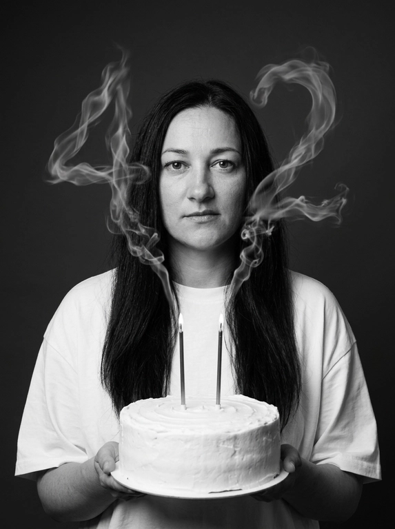 Create a highly photorealistic birthday studio portrait. Use ONLY the uploaded photo as the identity reference and generate the entire scene from scratch.

IDENTITY LOCK: preserve the uploaded person’s exact identity, facial structure, proportions, eyes, eyebrows, nose, lips, jawline, skin tone, skin texture, natural asymmetry, hair color and natural appearance. Preserve the person’s gender exactly as shown. Do not feminize, masculinize, beautify, age, de-age or alter their identity.

POLISHED APPEARANCE: the person must look exceptionally well-groomed, clean, polished and professionally styled, while remaining recognizable as themselves. Hair must look freshly washed, healthy, neat and professionally styled. Preserve the original hair color, length and texture from the uploaded photo, but create a tasteful, natural hairstyle suitable for a professional editorial birthday portrait. For women, create a polished feminine blowout or elegant natural styling when compatible with the original hair. For men, create neat, professionally groomed hair while preserving the original hairstyle. Skin should look clean and healthy with subtle natural grooming, never heavy makeup or artificial retouching.

COMPOSITION LOCK — identical for male or female:
The person stands centered, facing directly toward the camera, framed from approximately the waist up. They wear an oversized plain white T-shirt. Both hands hold a large round white frosted birthday cake on a simple white plate at lower center frame. The cake is directly in front of the torso, never positioned to the side. Two thin dark candles stand vertically on the cake.

Behind the person is a smooth dark charcoal-gray studio background. Realistic white candle smoke rises upward and forms the exact number. The number appears ONLY ONCE, large and clearly readable behind the upper body/head area, naturally connected to the candle smoke. It must look like real physical smoke, not typography.

The person looks directly into the camera with a calm, confident, natural expression and closed mouth.

Black-and-white luxury editorial photography, soft cinematic studio lighting, subtle shadows, realistic contrast and fine film grain. Ultra-photorealistic skin, hair, fabric, cake, hands and physically accurate smoke.

No plastic skin, messy or unstyled hair, greasy hair, excessive makeup, beauty filter, excessive retouching, CGI look, HDR, artificial sharpness, extra people, text, logos or watermark

Цифры из дыма: 42
