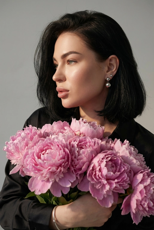 Создайте ультрареалистичный портрет, не меняя черты лица, крупным планом 3/4, с мягкой, освещённой кожей, атласной отделкой и естественным блеском, где женщина изображена в профиле. Спокойное и чувственное выражение лица, губы слегка полуоткрыты. Она носит серебряные серьги-шары и простой серебряный браслет на запястье.
Фон нейтральный, в светло-сером тоне, с тёмным, целенаправленным низким угловым освещением, которое подчёркивает контур лица, текстуру кожи и объём волос. Стиль редактирования — высокая мода, чёткий фокус 8K, реалистичная текстура, изысканная и элегантная атмосфера.


Каре темного цвета

Цветы: Держит в руках огромный букет розовых пионов