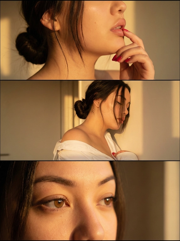   Триптих.
Верхняя часть: губы девушки близко в кадре полубоком к камере, пальцами проводит по губам. Ногти красные  короткие
Средняя часть: та же девушка в белой рубашке, рубашка спущена с плеч. Ракурс по грудь девушка боком камере, облокотившись спиной о стену закрытыми глазами, волосы частично падают на лицо прядями.
Нижняя часть: та же девушка в той же одежде. Близкие ракурс глаз девушки полубоком к камере, в кадре только глаза.
Каждое фото имеет кинематографический эффект одно и ту же девушку, один и тот же фон, одно и то же освещение, светлое комната, фото в золотой час Причёска в каждом кадре одинаковая, только волосы, собранные в низкий пучок спереди пряди падают на лицо