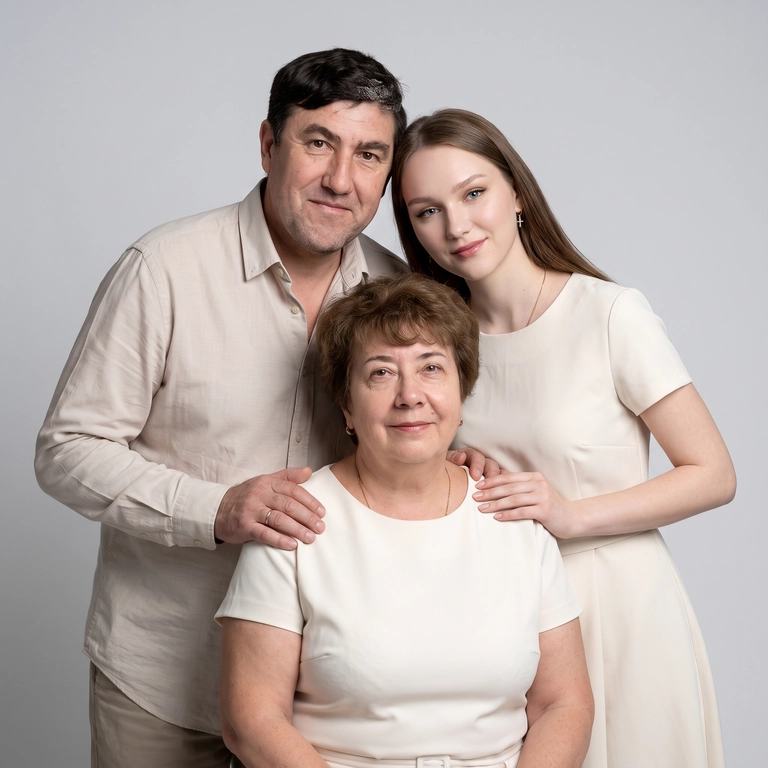 use this/these photos

Выберите стиль фото: : Кадр из профессиональной фотосессии в студии, где запечатлен момент семейный близости . Сделай так, чтобы все они смотрелись гармонично и трогательно. Люди одеты в светлые образы, подходящие по стилю фотосессии. Женщины в платьях. Освещение холодное. Фон светлый, бесшовный. Фото в стиле Энни Лейбовиц, четкий фокус. Люди смотрят в камеру с мягкой улыбкой.  Средний план.