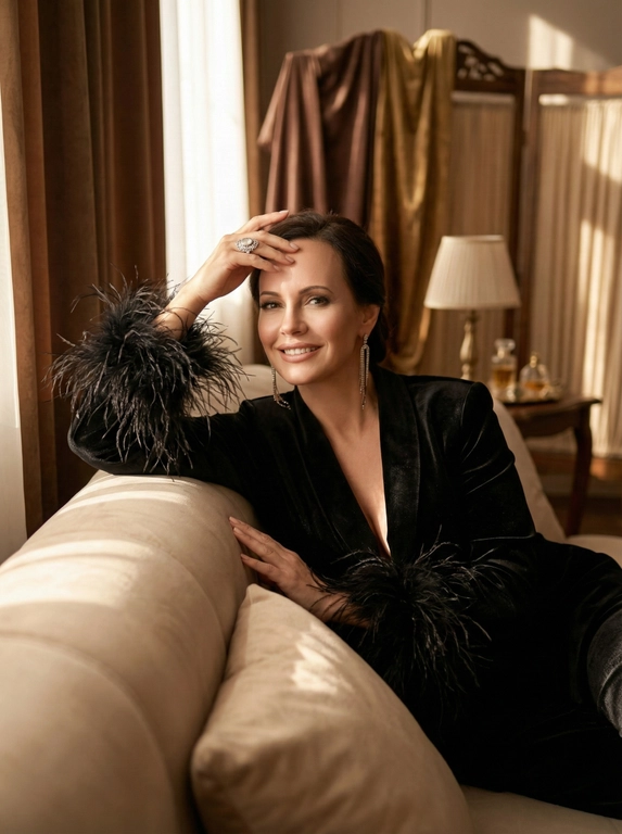   Создано с помощью сервиса Создать фото в режиме PRO

Промпт пользователя:
Сохранить лицо с загруженной фотографии. Фотография представляет собой портрет женщины, выполненный в стиле модной фотосессии. Она находится в помещении с приглушенным светом, возможно, в будуаре или гостиничном номере. Общая атмосфера снимка – чувственная и немного загадочная. Цветовая гамма теплая, с преобладанием бежевых, коричневых и черных тонов.

Женщина полулежит на светлом диване или кровати, опираясь на локоть. Она одета в черное платье или жакет с глубоким V-образным вырезом и отделкой из перьев на рукавах и, возможно, по всей длине. Одна рука поднята и касается лба, словно в задумчивости или усталости, на пальце заметно крупное кольцо. В ушах – длинные серьги. В целом, образ выглядит роскошно и элегантно. Поза расслабленная, но при этом привлекательная.