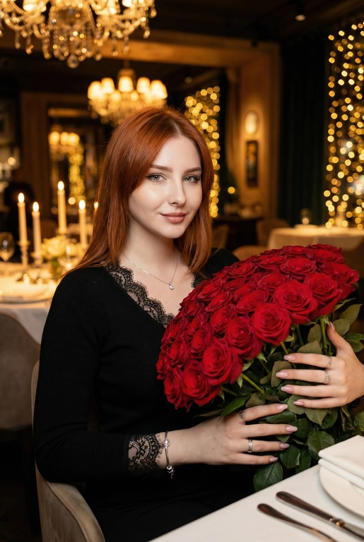 Женщина в дорогом ресторане сидит за сервированным столиком. Не меняй внешность, цвет волос и стрижку. Темное фото, теплые огни. В руках у нее огромный букет из 51 красной розы. Спонтанное фото в движении, немного смазано. Гламурный, но естественный макияж, серебряный браслет на руке, кольца, нежный маникюр. На шее тонкая серебряная цепочка и маленький кулон. Она смотрит в камеру, легкая улыбка. Она одета в черный кашемировый тонкий лонгслив с V-образным вырезом, отделанным тонким кружевом на воротнике и манжетах.