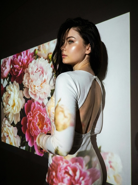 Кинематографический эффект с добавлением зерна. Ультрареалистичный портрет женщины, стоящей на фоне белой стены: её тело немного повёрнуто в сторону.  Фото с нижнего ракурса, фото со спины девушки. Макияж лёгкий: хайлайтер, длинные ресницы. На ней белое однотонное платье по фигуре, с открытой спиной и длинными рукавами. Она не смотрит в камеру. Освещение мягкое, с лёгким акцентом на её лицо, создающее нежные тени и подчёркивающее черты. Вокруг темно — светит только проектор с изображением ярких пионов прямо на девушку и на стену за ней. Только один источник света — проектор.


Какая будет прическа?: Волосы перекинуты на одну сторону и частично падают на лицо 