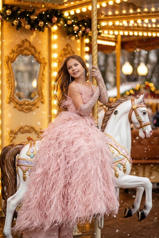   Сказочный праздничный портрет на ретро-карусели, вертикальный кадр до пола. Девушка сидит боком верхом на белой карусельной лошадке с золотыми и пастельно-розовыми декоративными элементами, руками обнимает золотой столб, на ней, уши украшены свисающими серьгами. Волосы распущены и развеваются, лицо слегка повернуто в сторону, выражение расслабленное и радостное. Фон залит тёплым светом гирлянд и лампочек карусели, золотые рамы зеркал и размытые огни парка создают атмосферу роскошной рождественской ярмарки, в воздухе лёгкие снежинки и боке. Гламурный праздничный стиль, насыщенные тёплые тона, мягкое боке, high fashion editorial, 8k, cinematic lighting, shallow depth of field, festive atmosphere. --ar 9:16 --v 6 --style raw --q 2 На ней пышное вечернее платье нежно‑пудрового цвета, полностью покрытое длинными перьями, создающими объём и движение, на руках блестящие длинные перчатки