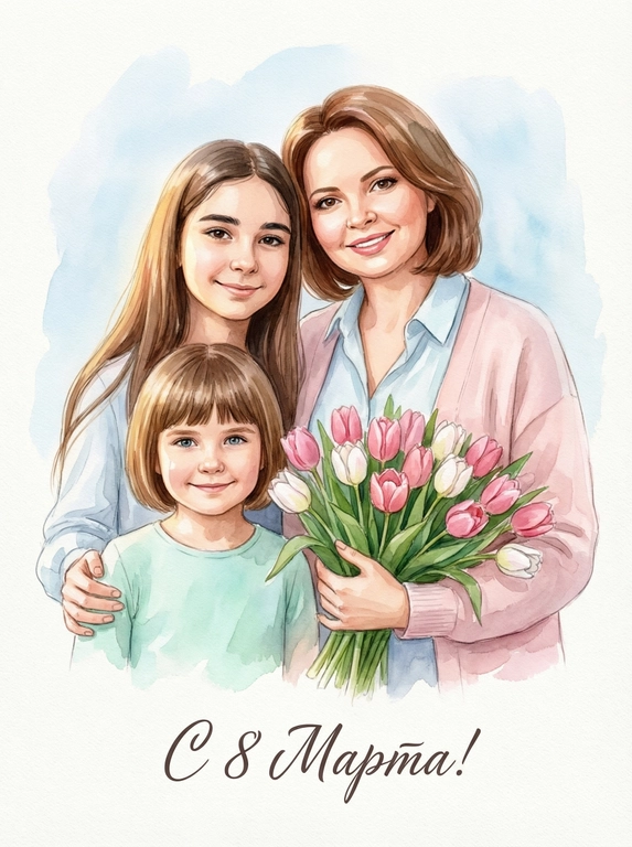 Создай Акварельный портрет к 8 Марта со всеми людьми из предоставленных фотографий. Стиль — мягкая современная живописная иллюстрация, с ощущением тепла, света и искренности. Все люди размещены в центре композиции, средний план, акцент на эмоциях и взаимодействии. Фон — светлый, минималистичный, выполненный в мягкой акварельной или живописной технике с нежными голубыми и белыми разводами. Лица сохранить максимально похожими на оригинальные фотографии, без изменения черт лица, возраста и эмоций, реалистичное сходство с аккуратной художественной стилизацией без искажений. Одежда — лёгкая, современная, в нежных пастельных тонах. В руках у одного из персонажей — большой букет свежих розовых и белых тюльпанов. Главный акцент — на людях, их близости и тёплом взаимодействии. Цветовая палитра светлая, весенняя, пастельная, мягкое естественное освещение. Атмосфера нежности, любви и семейного тепла. Внизу добавить изящную рукописную надпись. 

Какая будет надпись?: Текст снизу: "С 8 Марта!"