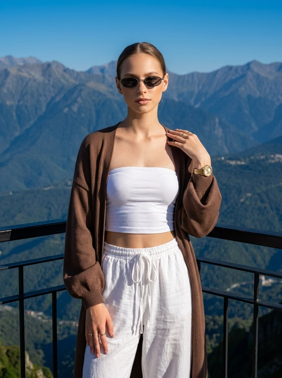 Фотореалистичная fashion-съёмка на природе, ultra realistic, высокая детализация кожи, натуральная текстура пор, реалистичная проработка ткани, профессиональная цветокоррекция, cinematic lighting, высокая резкость, мягкая глубина резкости. Женщина стоит на смотровой площадке в горах, камера расположена фронтально на уровне груди, средний план до бёдер. Композиция вертикальная, модель находится в центре кадра, за её спиной открывается панорамный вид на горные хребты. Поза спокойная и уверенная: корпус направлен к камере, плечи расслаблены, одна рука опущена вдоль тела, другая поднята к плечу, создавая элегантную позу, взгляд направлен в камеру через солнцезащитные очки. Одежда в лёгком casual-luxury стиле: белый спортивный топ-бандо без рукавов, подчёркивающий талию, свободные белые брюки с мягкой тканью и завязками на поясе, сверху лёгкий длинный кардиган или накидка тёплого шоколадно-коричневого оттенка с широкими рукавами. Аксессуары: узкие тёмные солнцезащитные очки с тонкой металлической оправой, на руке золотые часы и аккуратные кольца на пальцах, маникюр светлый розово-нюдовый. Макияж аккуратный и гламурный: ровный тёплый тон кожи, лёгкий бронзер, выразительные брови, длинные ресницы, нюдово-розовые губы с мягким матовым эффектом, кожа выглядит гладкой, естественной и детализированной. Освещение яркое естественное — тёплый солнечный свет падает сбоку и немного спереди, подчёркивает контуры лица и складки одежды, свет создаёт мягкие тени и усиливает глубину пейзажа. Фон — масштабный горный пейзаж с несколькими слоями горных хребтов, покрытых лесом, уходящих в голубую атмосферную дымку, на переднем плане чёрное металлическое ограждение смотровой площадки, небо чистое насыщенно-голубое. Цветовая палитра: глубокий голубой, природные зелёные и серо-синие оттенки гор, белый, тёплый коричневый, чёрный. Контрастная, но натуральная цветокоррекция, высокая фотореалистичность, детализированная кожа, реалистичная текстура ткани и природного ландшафта, стиль современной travel-fashion фотографии.
