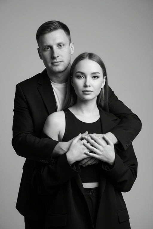 Черно-белый портрет мужчины и женщины в стиле фэшн фотосессии в фотостудии. Не изменяйте лица. Фон нейтральный, однотонный, светло-серый. Атмосфера интимная и спокойная. На переднем плане женщина. Вся композиция выполнена в приглушенной монохромной гамме со студийным освещением, которое подчеркивает текстуру кожи и одежды. Её руки лежат на груди мужчины. Мужчина обнимает женщину сзади, положив свою руку поверх её руки. Она одета в черный топ, черную оверсайз рубашку. Мужчина одет в  классическом черном пиджаке и белой футболке.