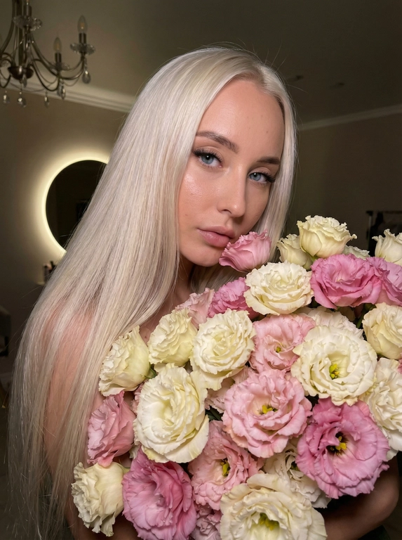   Фото 3:4! Не меняй черты лица! молодая женщина с очень длинными, прямыми и блестящими волосами. Она позирует, нежно прижимаясь лицом к огромному букету цветов.  У неё выразительные черты лица — аккуратно оформленные тёмные брови и полные губы с макияжем в естественных тонах. Она смотрит прямо в камеру с мягким, спокойным выражением лица.
Букет состоит из множества нежных эустом (лизиантусов). Цветы представлены в нескольких оттенках: кремово-белом, нежно-розовом и более насыщенном розовом. Лепестки выглядят пышными и слегка волнистыми, что придает букету объем.
Снимок сделан в помещении с тёплым, приглушенным освещением. На стене позади девушки виден стильный круглый светильник, который светится по краям, создавая эффект ореола или солнечного затмения. Слева вверху видна часть другой люстры.
Фотография пропитана нежностью, эстетикой и уютом. Сочетание , светлой кожи и пастельных тонов цветов создает приятный контраст.
В целом, это очень женственный и гармоничный портрет. Максимально естественная кожа с сохранением пор.