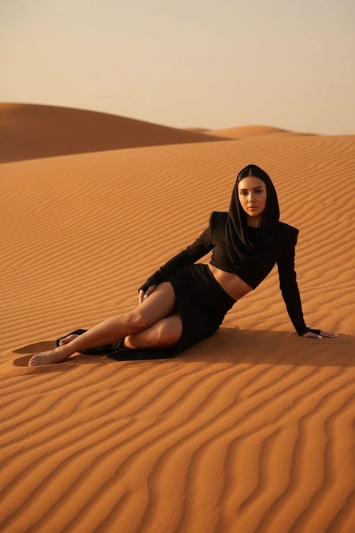 2)A captivating desert scene featuring a female model reclined on a textured sand dune. She wears a unique black outfit with a draped hood and structured shoulders, long sleeves with thumbholes, a daring cutout at the midriff, and a high-split skirt. Her hair is pulled back, and she has a minimal, dewy makeup look with white manicured nails. The setting features rippling orange sand, under a hazy, warm golden hour sky with a soft light. Shot with a Canon EOS R and a 24-70mm lens.