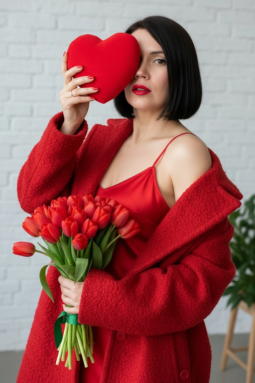 Профессиональная модная фотография в сверхвысоком разрешении, на которой женщина держит большой красный предмет в форме сердца, прикрывающий один глаз, и сжимает букет красных тюльпанов. Максимально сохранить все черты лица, сохраняя точные черты лица по образцу, мягкое естественное боковое освещение слева. нежные тени, портрет в три четверти с небольшим наклоном вверх, элегантное красное платье-комбинация на тонких бретельках под открытым текстурированным красным пальто оверсайз, уверенный игривый взгляд и ярко-красные губы, романтическое настроение, теплая красно-зеленая палитра на фоне белой кирпичной стены, бьюти-снимок из журнала, небольшая глубина резкости, четкий фокус на лице, Сверхдетализированная профессиональная фотография в формате 8K.