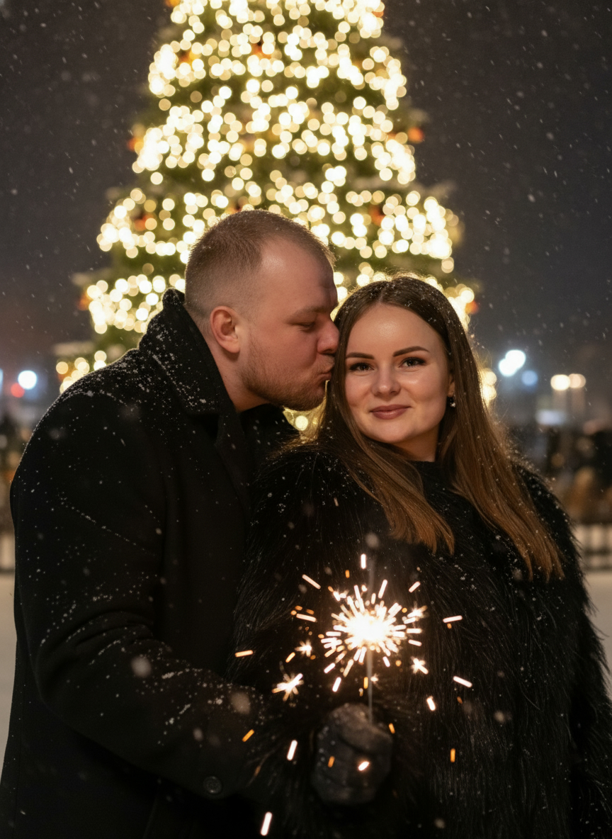 Влюблённая пара ночью под снегом с бенгальским огнём