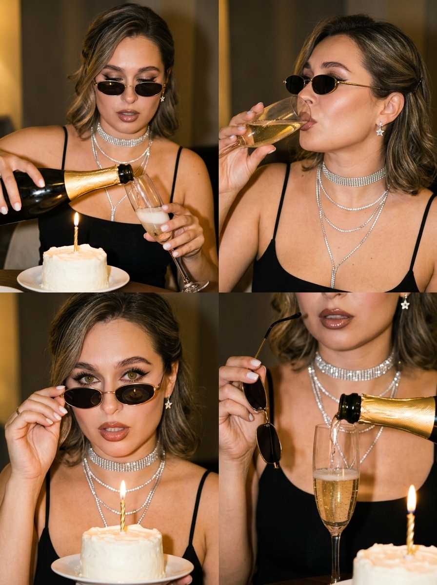 Коллаж из четырёх фото девушки в очках на празднике