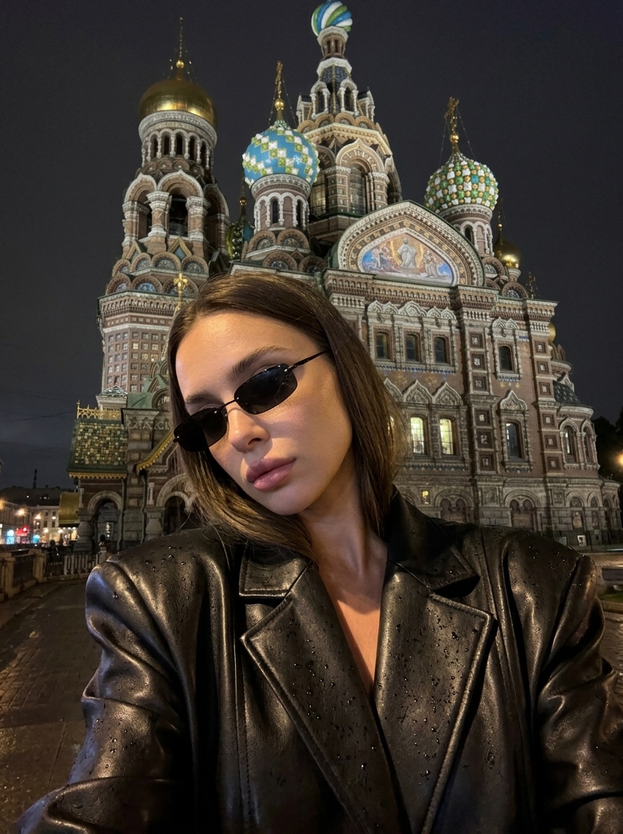 Ночное селфи девушки у Спаса на Крови в кожаной куртке Ночное селфи девушки у Спаса на Крови в кожаной куртке