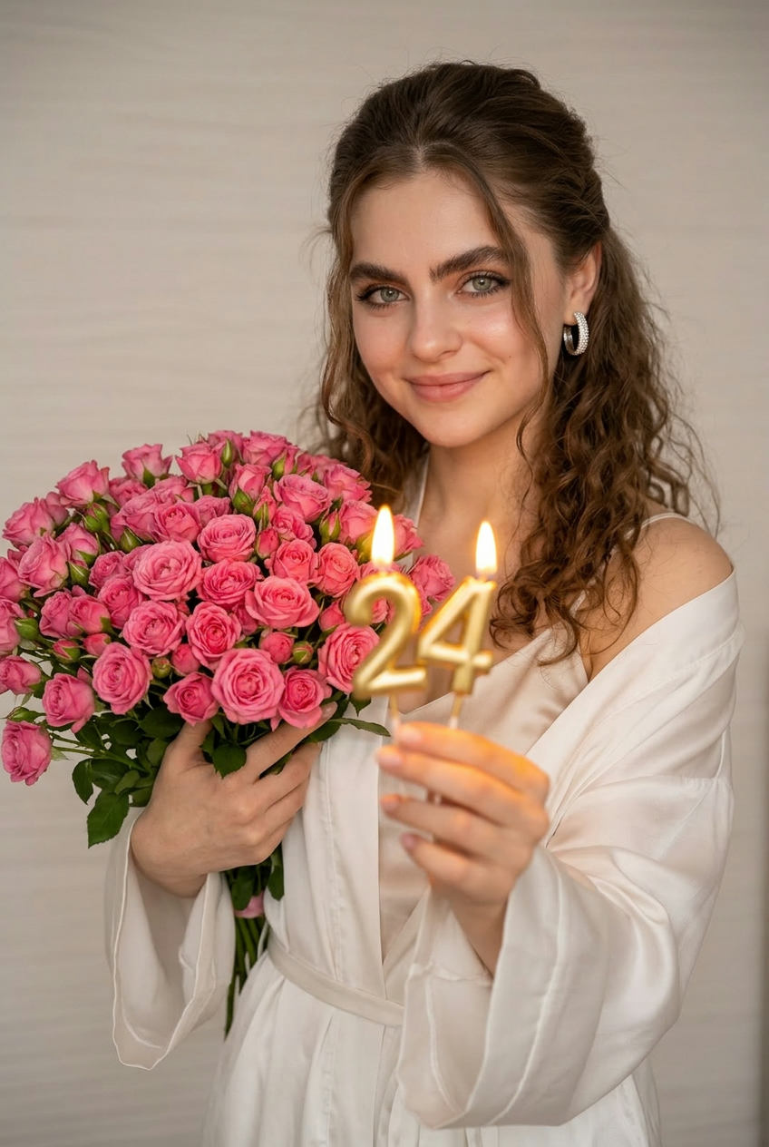 Портрет девушки с золотыми свечами 24 и цветами