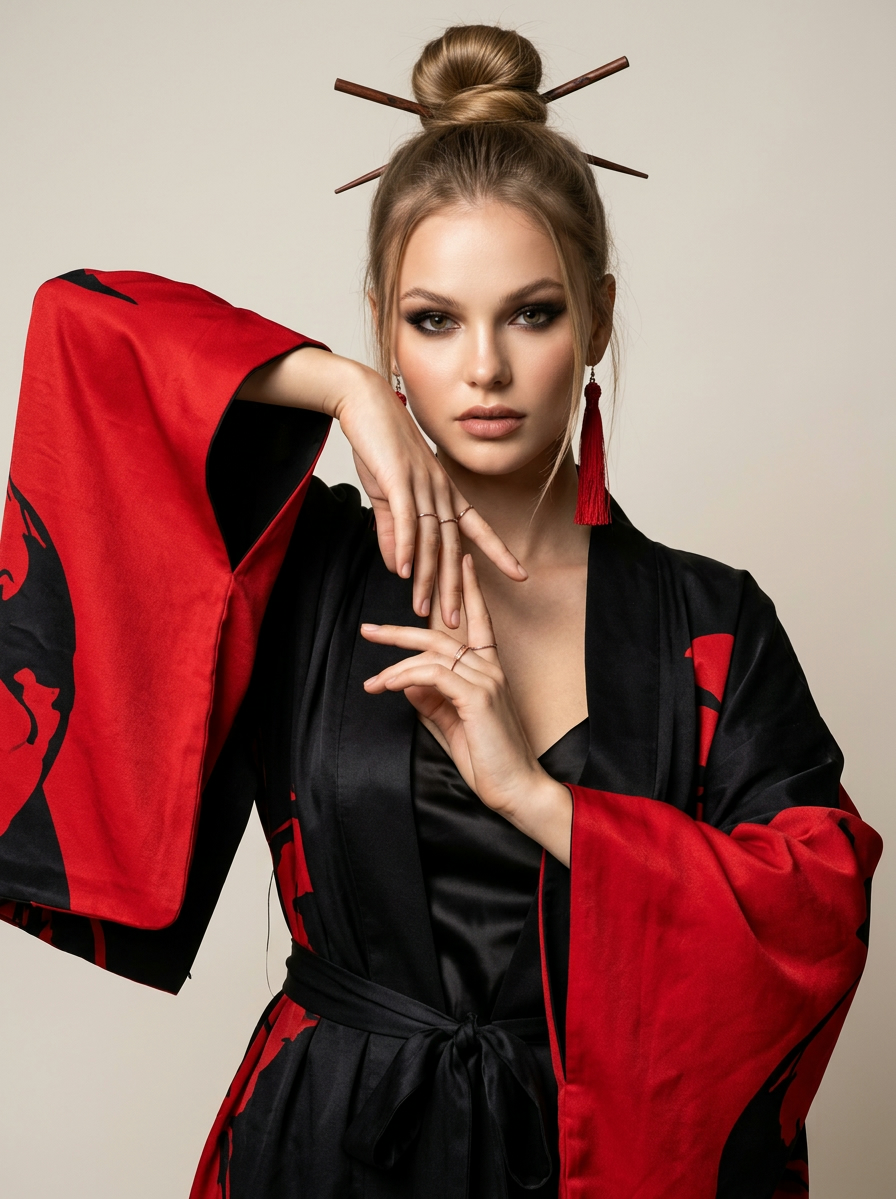 Драматичный fashion-портрет девушки с красным рукавом
