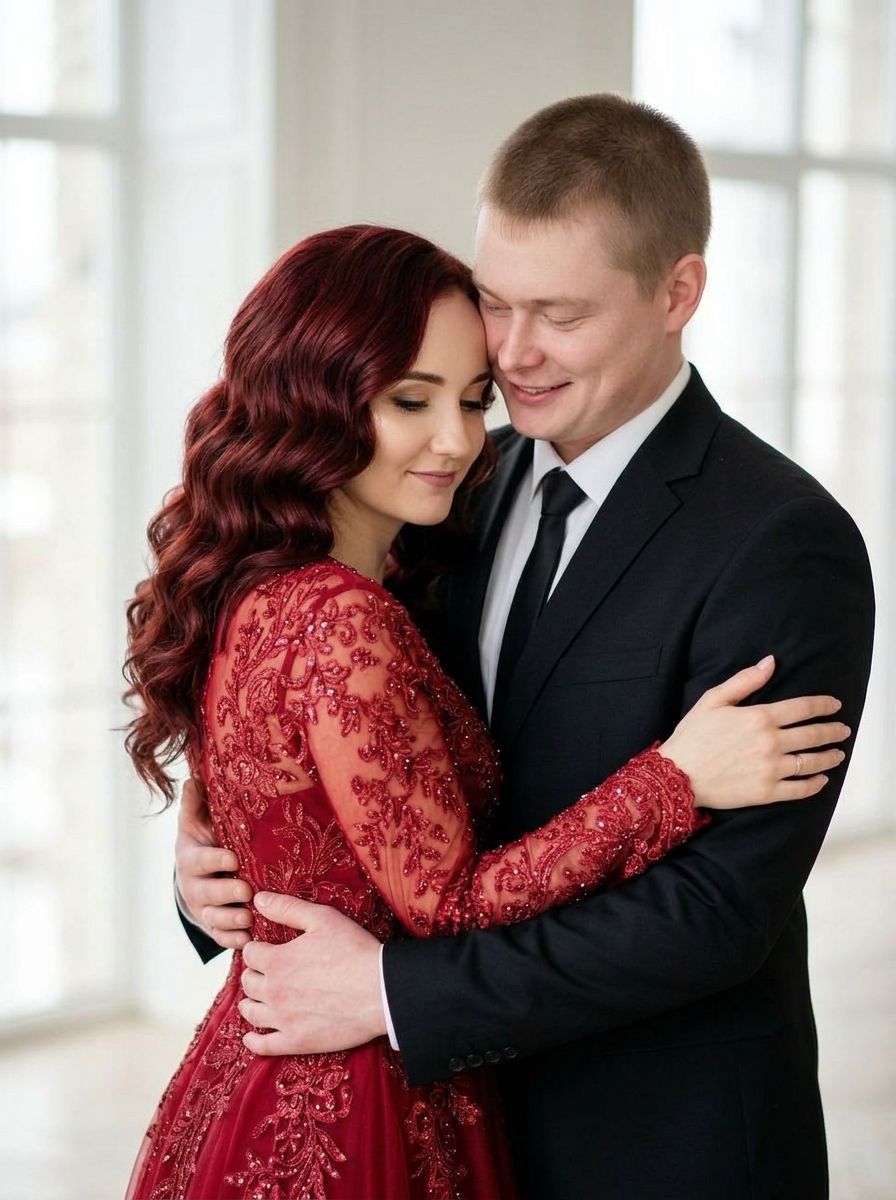 Пара love story: мужчина в костюме и женщина в красном платье