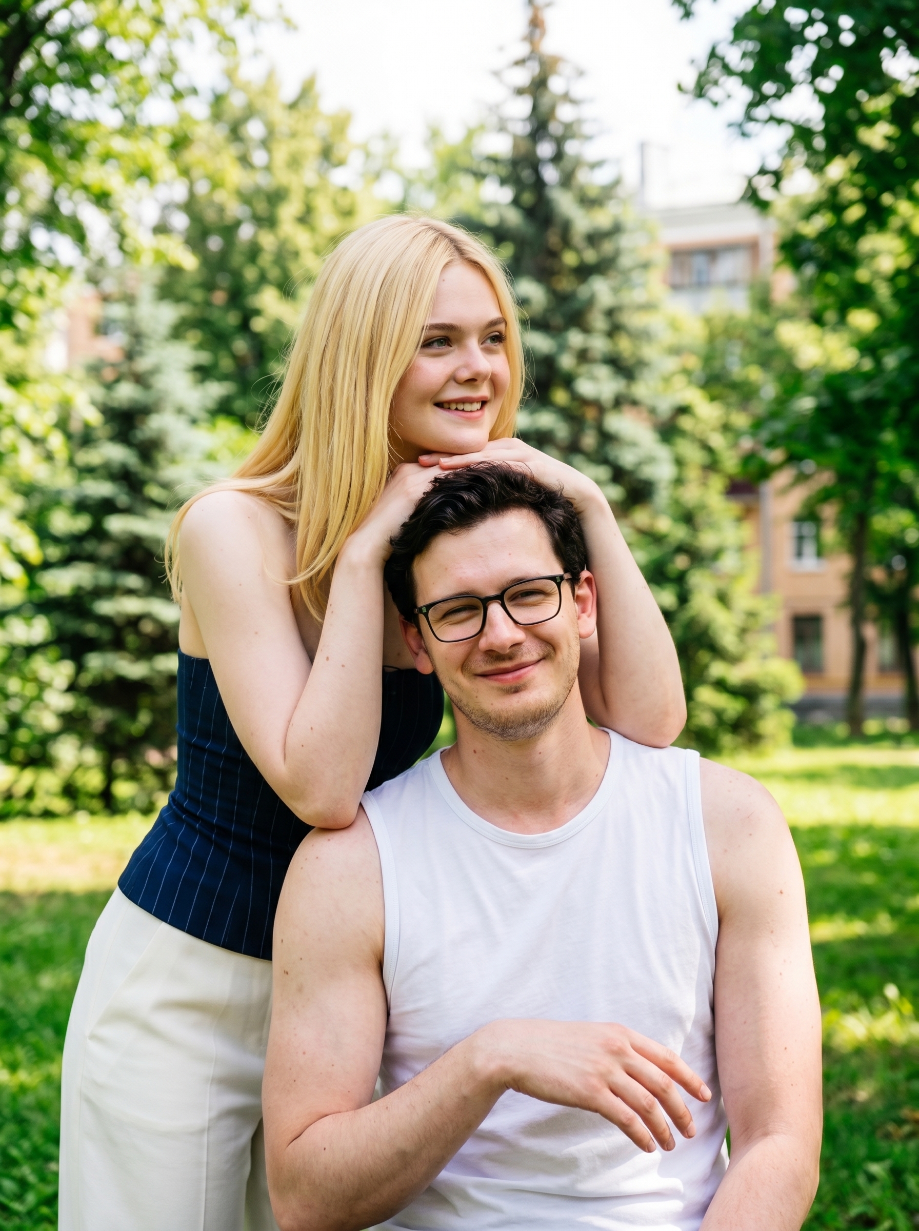 Молодая пара на улице в солнечной зелени
