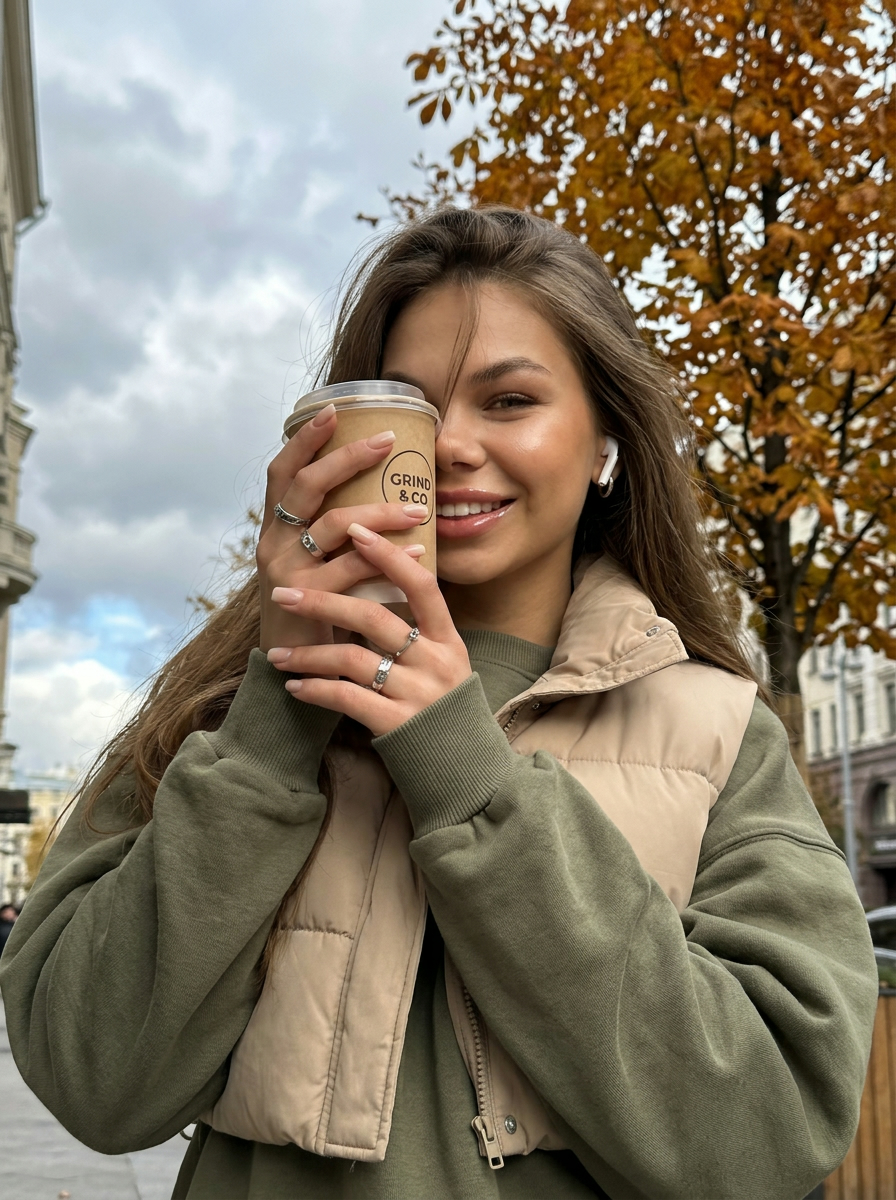 Девушка с кофе в оливковом лонгсливе и песочной жилетке Девушка с кофе в оливковом лонгсливе и песочной жилетке