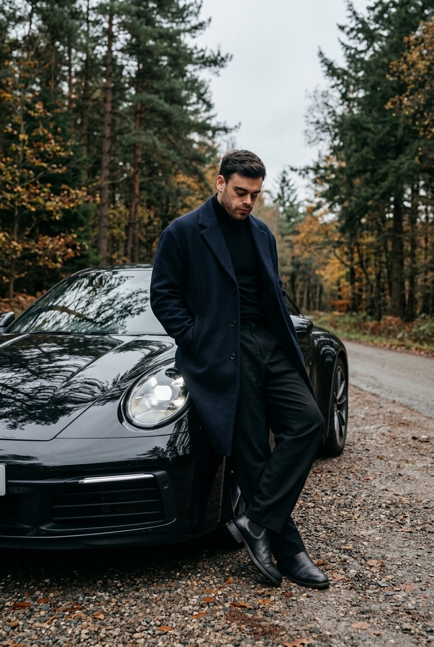 Мужчина у чёрного Porsche 911 в осеннем лесу