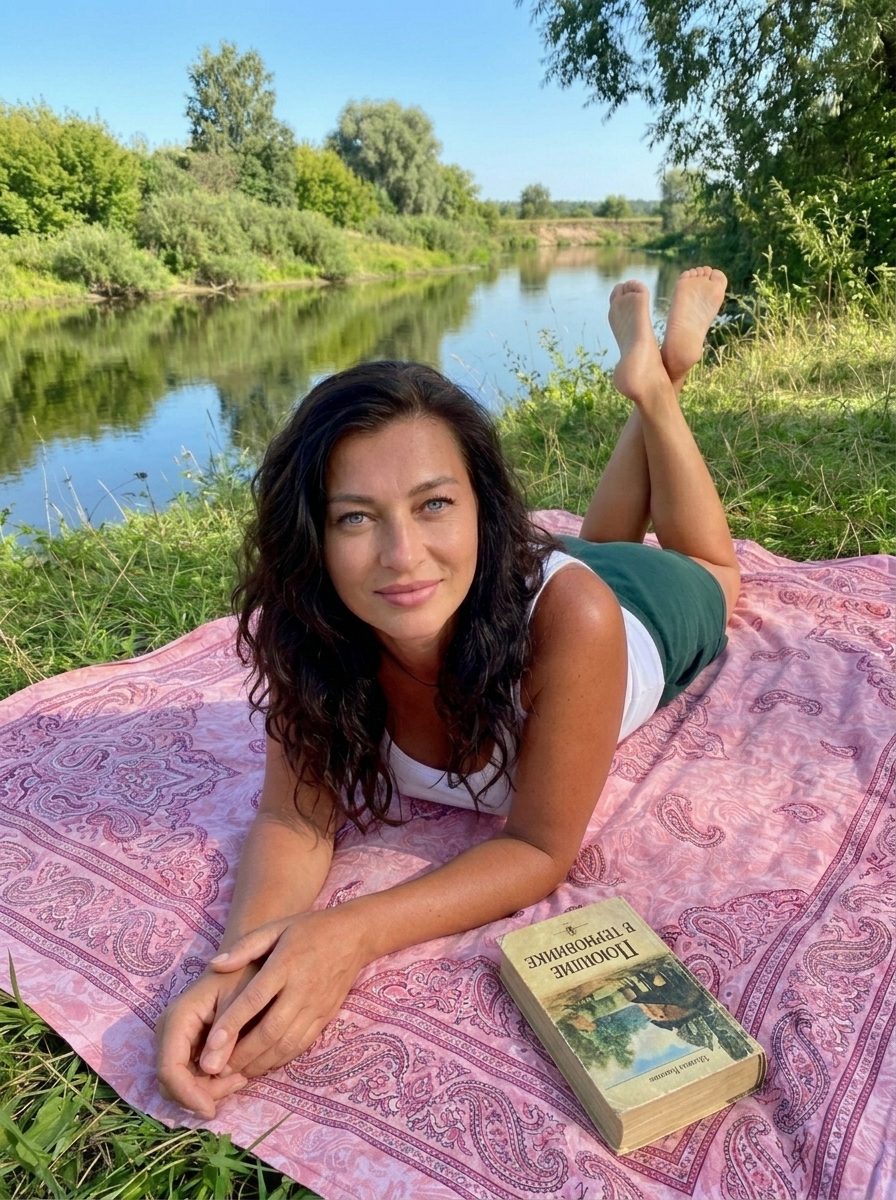 Загорелая девушка с книгой на летнем пикнике у реки