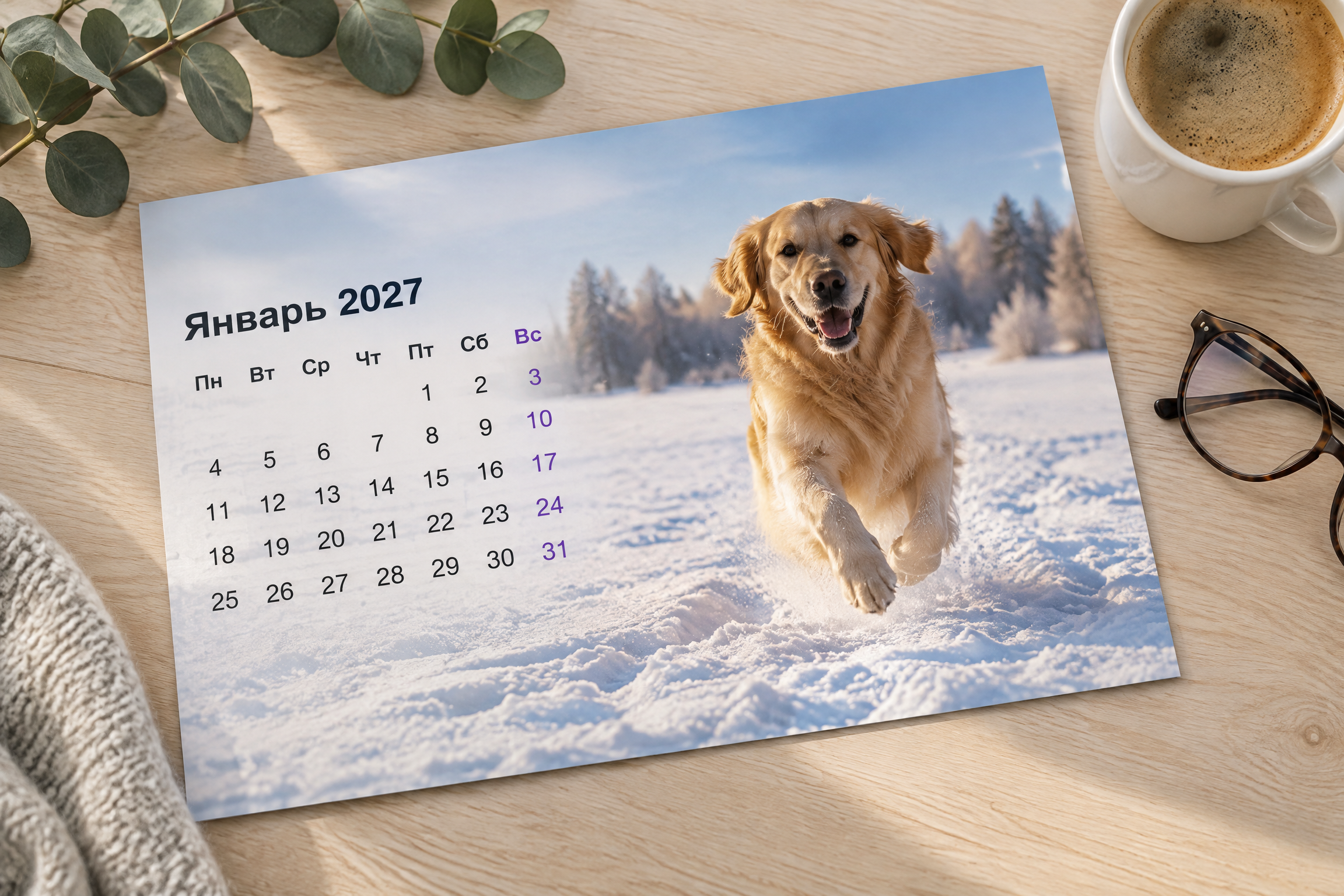 Напечатанный горизонтальный фотокалендарь с собакой на зимнем поле и календарной сеткой месяца слева